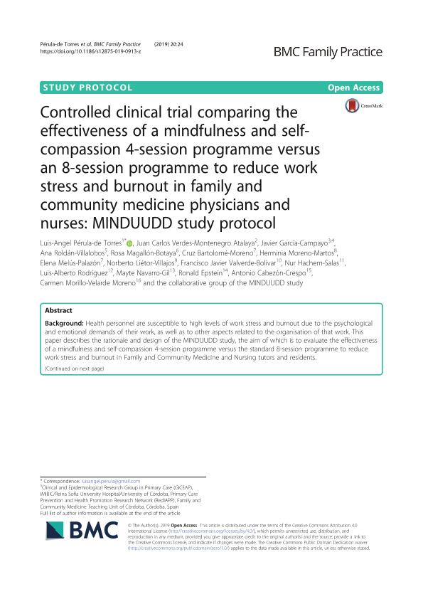 Controlled clinical trial comparing the effectiveness of a mindfulness and self-compassion 4-session programme versus an 8-session programme to reduce work stress and burnout in family and community medicine physicians and nurses: MINDUUDD study protocol