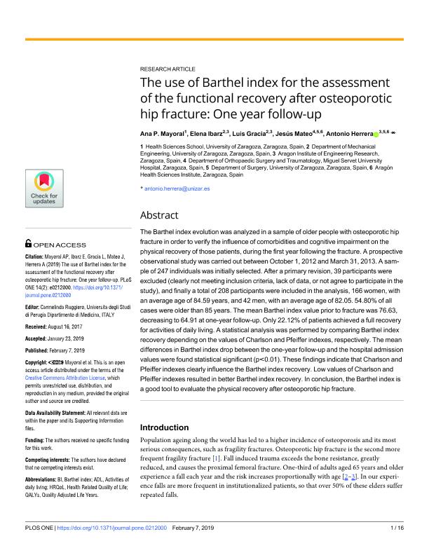 The use of Barthel index for the assessment of the functional recovery after osteoporotic hip fracture: One year follow-up