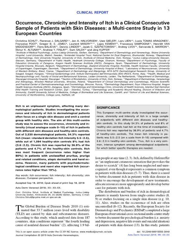 Occurrence, chronicity and intensity of itch in a clinical consecutive sample of patients with skin diseases: A multi-centre study in 13 european countries