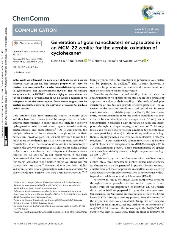 Generation of gold nanoclusters encapsulated in an MCM-22 zeolite for the aerobic oxidation of cyclohexane