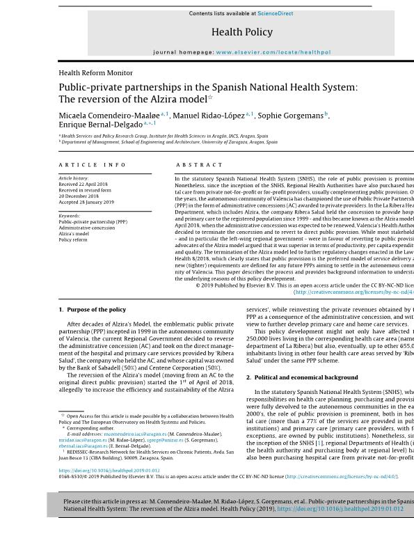 Public-private partnerships in the Spanish National Health System: The reversion of the Alzira model