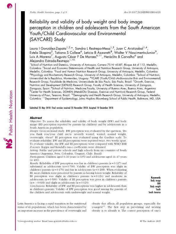 Reliability and validity of body weight and body image perception in children and adolescents from the South American Youth/Child Cardiovascular and Environmental (SAYCARE) Study