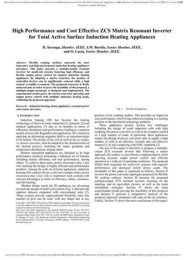 High-Performance and Cost-Effective ZCS Matrix Resonant Inverter for Total Active Surface Induction Heating Appliances