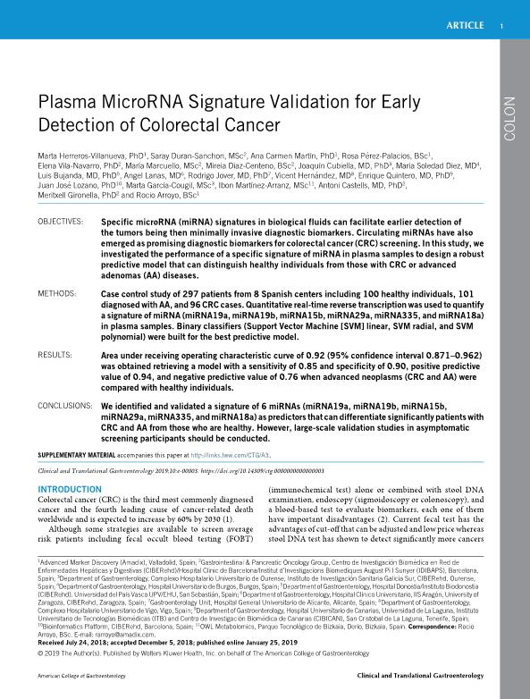 Plasma MicroRNA Signature Validation for Early Detection of Colorectal Cancer