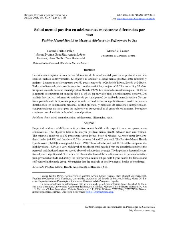 Salud mental positiva en adolescentes mexicanos: diferencias por sexo