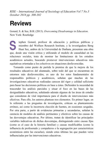 Overcoming Disadvantage in Education de Sandra Romero [Review of the Book]