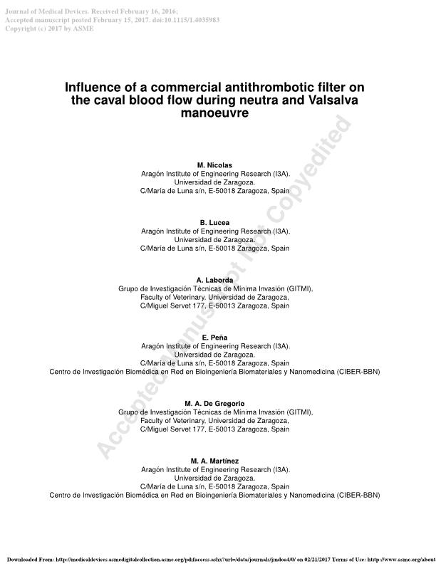 Influence of a commercial antithrombotic filter on the caval blood flow during neutra and valsalva maneuver