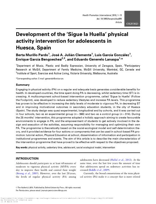 Development of the 'Sigue la Huella' physical activity intervention for adolescent in Huesca, Spain