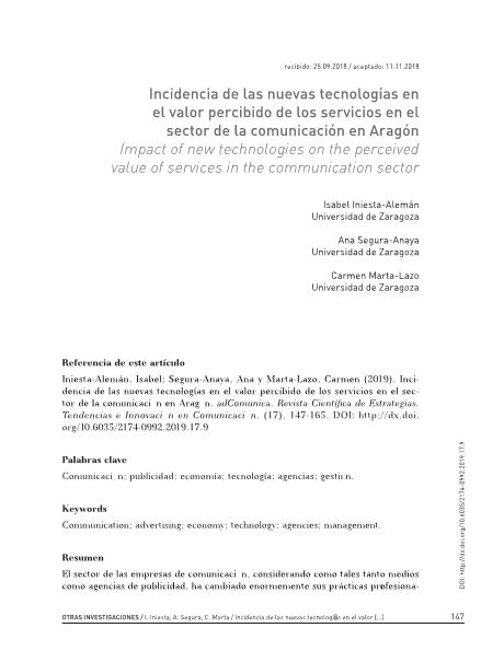 Incidencia de las nuevas tecnologías en el valor percibido de los servicios en el sector de la comunicación en Aragón