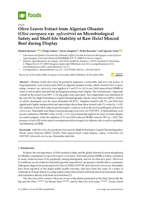 Olive Leaves Extract from Algerian Oleaster (Olea europaea var. sylvestris) on Microbiological Safety and Shelf-life Stability of Raw Halal Minced Beef during Display