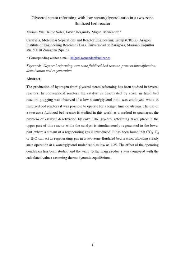 Glycerol steam reforming with low steam/glycerol ratio in a two-zone fluidized bed reactor