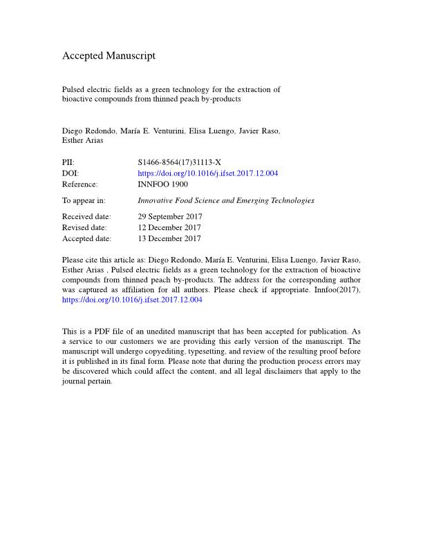 Pulsed electric fields as a green technology for the extraction of bioactive compounds from thinned peach by-products
