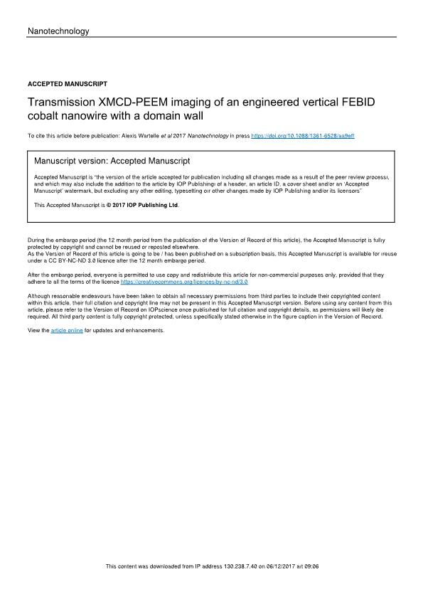 Transmission XMCD-PEEM imaging of an engineered vertical FEBID cobalt nanowire with a domain wall