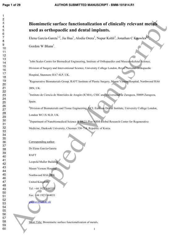 Biomimetic surface functionalization of clinically relevant metals used as orthopaedic and dental implants