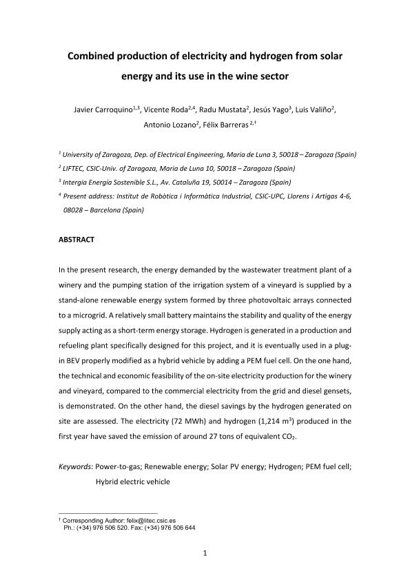 Combined production of electricity and hydrogen from solar energy and its use in the wine sector