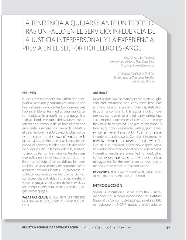 La tendencia a quejarse ante un tercero tras un fallo en el servicio: influencia de la justicia interpersonal y la experiencia previa en el sector hotelero español