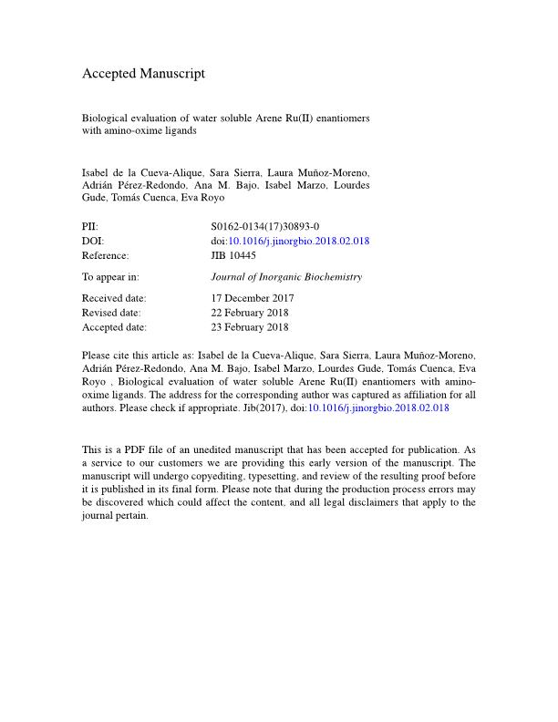 Biological evaluation of water soluble arene Ru(II) enantiomers with amino-oxime ligands