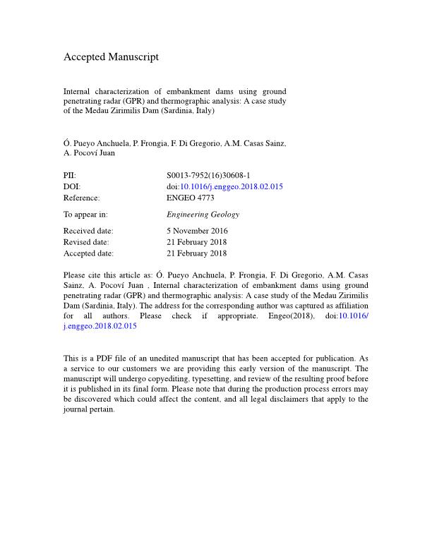 Internal characterization of embankment dams using ground penetrating radar (GPR) and thermographic analysis: A case study of the Medau Zirimilis Dam (Sardinia, Italy)