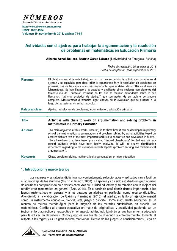 Actividades con el ajedrez para trabajar la argumentación y la resolución de problemas en matemáticas en Educación Primaria