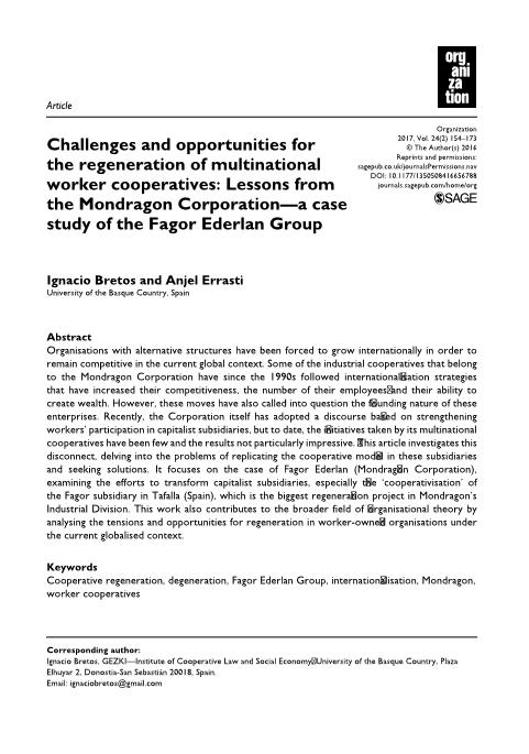 Challenges and opportunities for the regeneration of multinational worker cooperatives: Lessons from Mondragon Corporation. A case study of the Fagor Ederlan Group