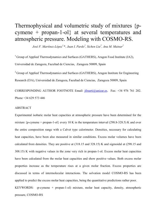Thermophysical and volumetric study of mixtures {p-cymene¿+¿propan-1-ol} at several temperatures and atmospheric pressure. Modeling with COSMO-RS