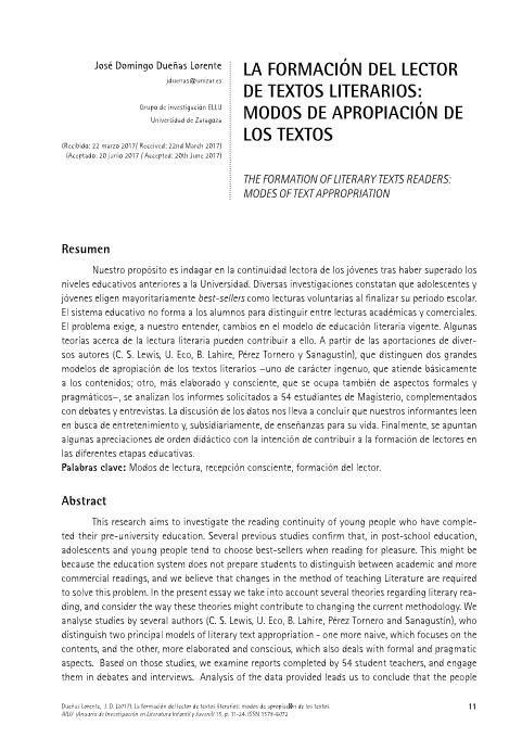 La formación del lector de textos literarios: modos de apropiación de los textos