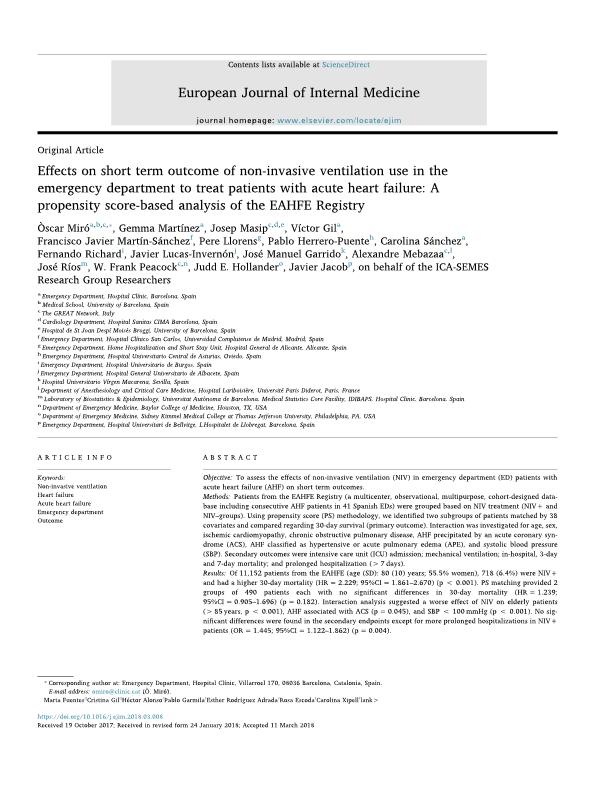 Effects on short term outcome of non-invasive ventilation use in the emergency department to treat patients with acute heart failure: A propensity score-based analysis of the EAHFE Registry