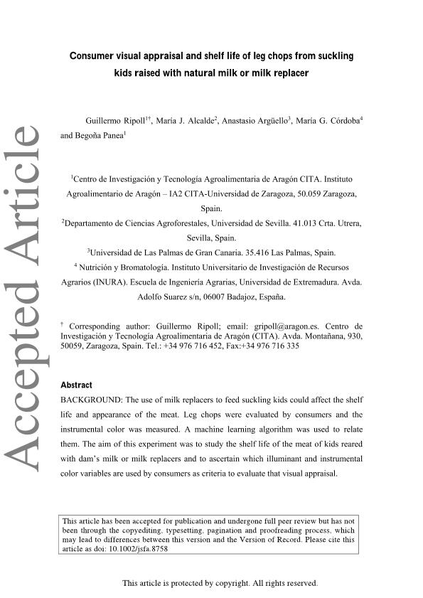 Consumer visual appraisal and shelf life of leg chops from suckling kids raised with natural milk or milk replacer