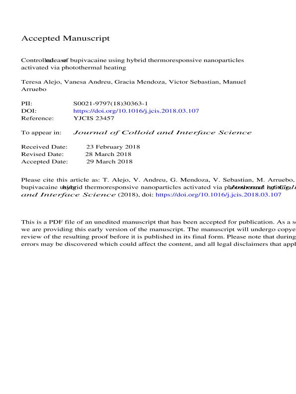Controlled release of bupivacaine using hybrid thermoresponsive nanoparticles activated via photothermal heating