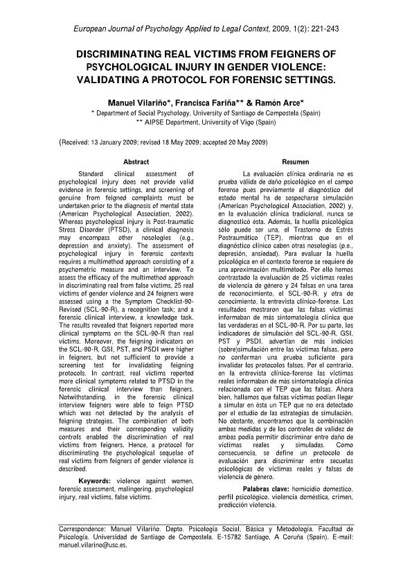 Discriminating real victims from feigners of psychological injury in gender violence: validating a protocol for forensic settings