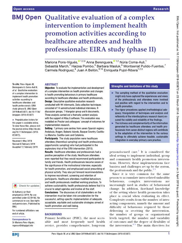 Qualitative evaluation of a complex intervention to implement health promotion activities according to healthcare attendees and health professionals: EIRA study (phase II)