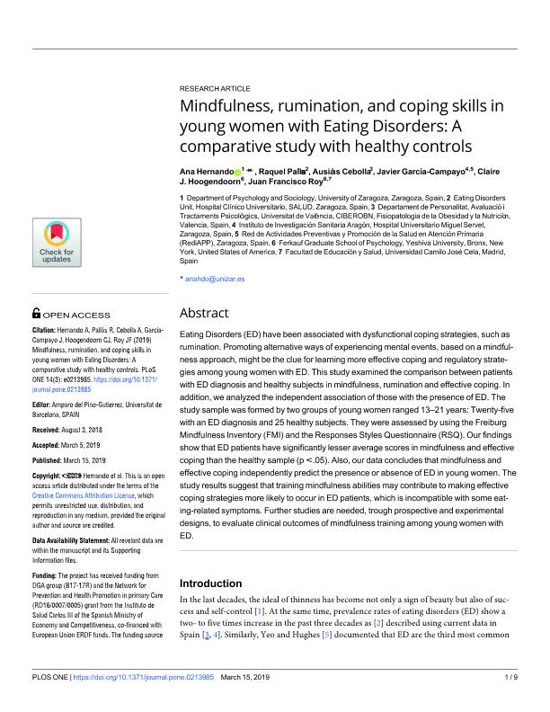 Mindfulness, rumination, and coping skills in young women with Eating Disorders: A comparative study with healthy controls