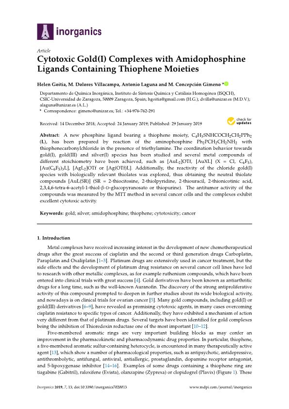 Cytotoxic gold(I) complexes with amidophosphine ligands containing thiophene moieties