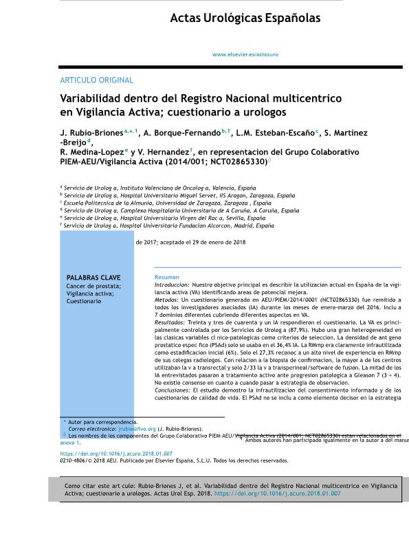 Variabilidad dentro del Registro Nacional multicéntrico en Vigilancia Activa; cuestionario a urólogos