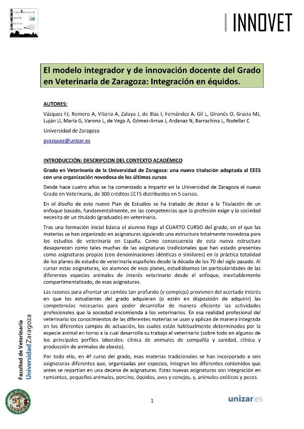 El modelo integrador y de innovación docente del Grado en Veterinaria de Zaragoza: integración en équidos