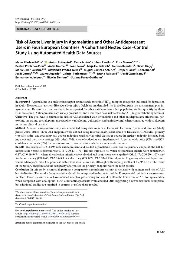 Risk of Acute Liver Injury in Agomelatine and Other Antidepressant Users in Four European Countries: A Cohort and Nested Case–Control Study Using Automated Health Data Sources