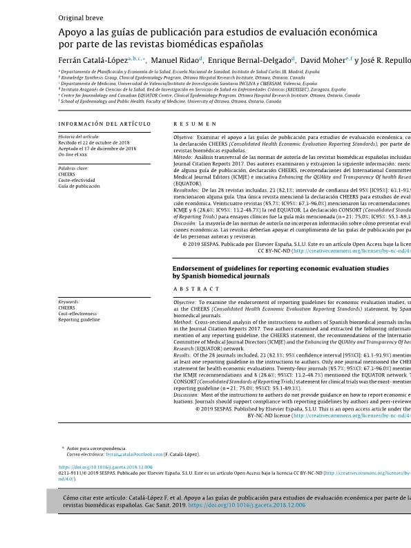 Apoyo a las guías de publicación para estudios de evaluación económica por parte de las revistas biomédicas españolas