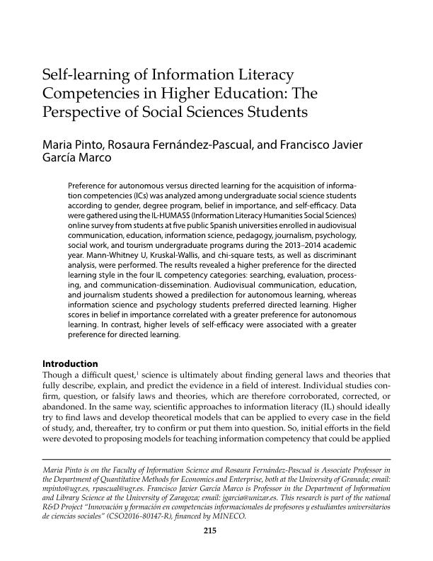Self-learning of Information Literacy Competencies in Higher Education: The Perspective of Social Sciences Students