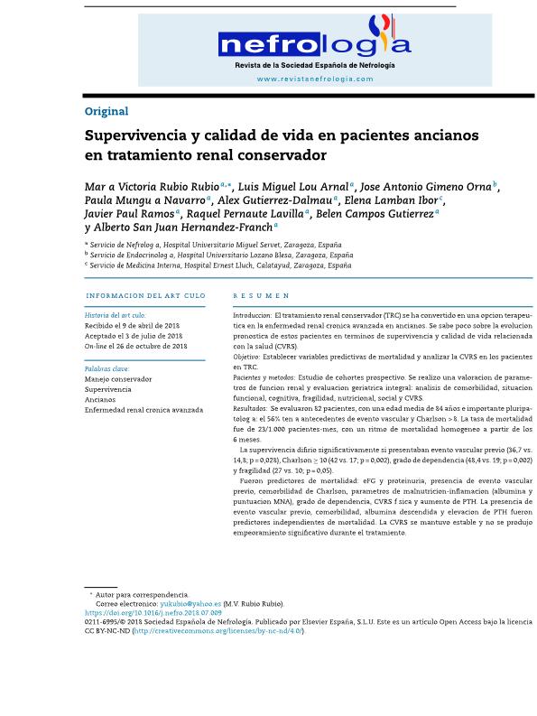 Supervivencia y calidad de vida en pacientes ancianos en tratamiento renal conservador