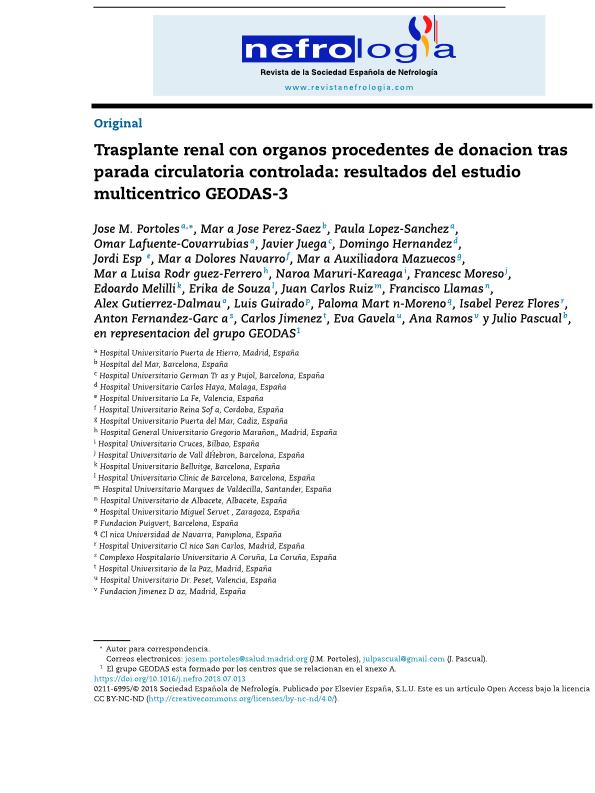 Trasplante renal con órganos procedentes de donación tras parada circulatoria controlada: resultados del estudio multicéntrico GEODAS-3