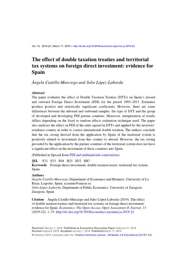 The effect of double taxation treaties and territorial tax systems on foreign direct investment: evidence for Spain