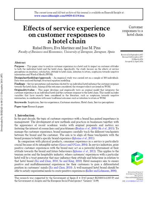 Effects of service experience on customer responses to a hotel chain