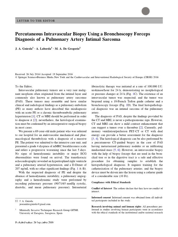 Percutaneous Intravascular Biopsy Using a Bronchoscopy Forceps Diagnosis of a Pulmonary Artery Intimal Sarcoma
