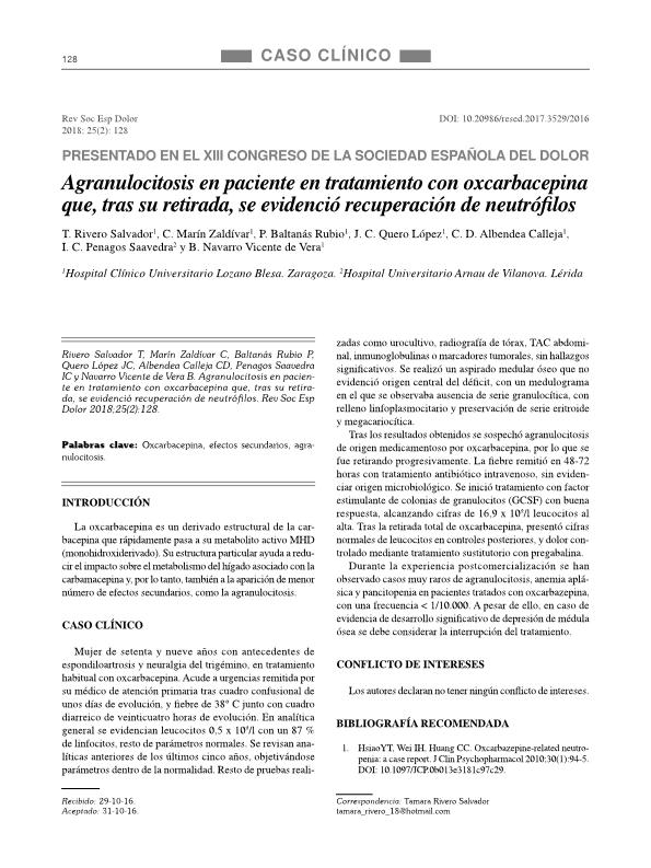 Agranulocitosis en paciente en tratamiento con oxcarbazepina que tras su retirada se evidenció recuperación de neutrófilos