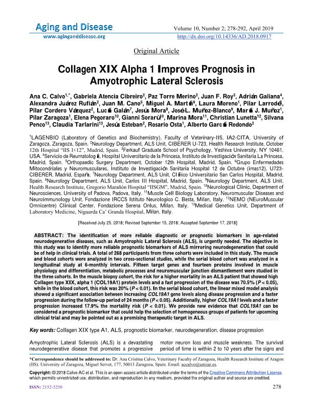 Collagen XIX Alpha 1 improves prognosis in amyotrophic lateral sclerosis