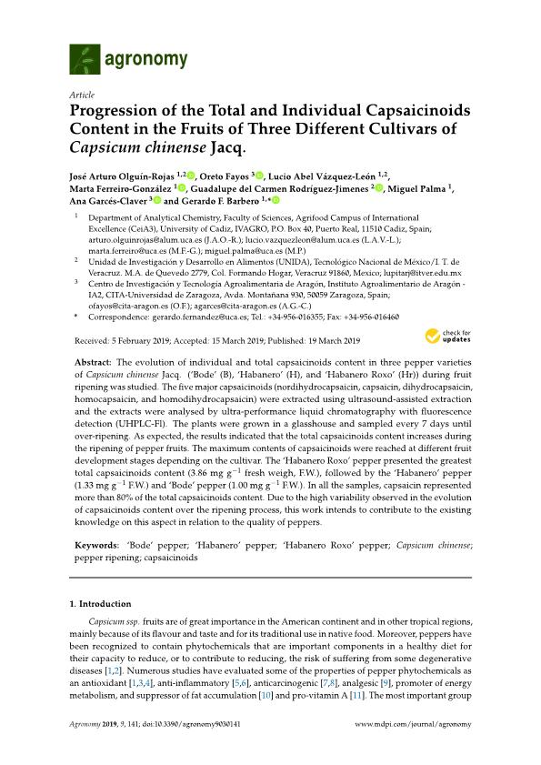 Progression of the total and individual capsaicinoids content in the fruits of three different cultivars of capsicum chinense Jacq.