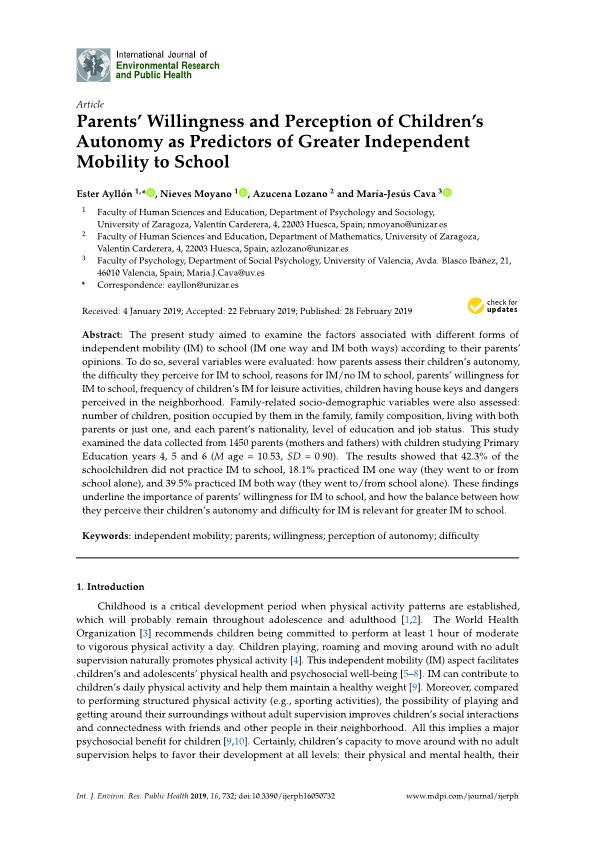 Parents’ willingness and perception of children’s autonomy as predictors of greater independent mobility to school