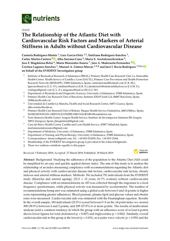 The relationship of the atlantic diet with cardiovascular risk factors and markers of arterial stiffness in adults without cardiovascular disease