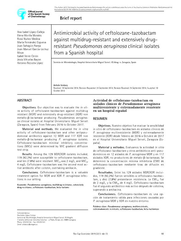 Actividad de ceftolozano-tazobactam en aislados clínicos de Pseudomonas aeruginosa multirresistente y extremadamente resistente en un hospital español