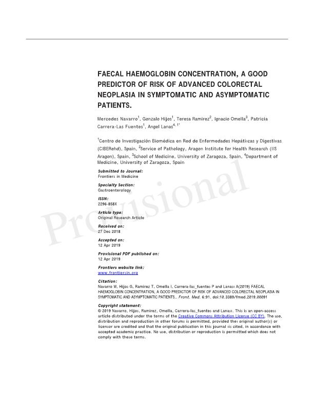 Faecal haemoglobin concentration, a good predictor of risk of advanced colorectal neoplasia in symptomatic and asymptomatic patients